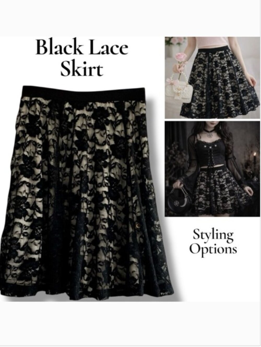 Whimsigoth Black Lace Skirt A-line Small nude lining Gothic Coquette STUDIO 253